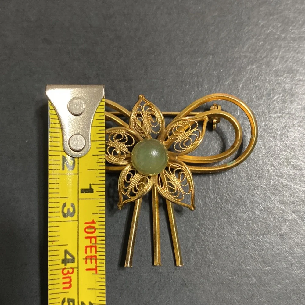 🖤Vtg💕Jade flower ribbon brooch - Picture 10 of 11